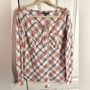Lauren Ralph Lauren Women’s Medium Woven Plaid Tie Peasant Blouse Long Sleeve